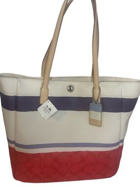 NWT COACH Colorblock Signature Tote - Cream, Navy Blue & Red
